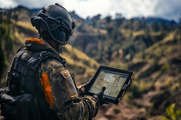 A soldier using a tablet for navigation in a rugged outdoor environment.